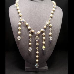 Vintage Crystal Faux Pearl Dangle Necklace, Large Aurora Borealis Crystal Beads